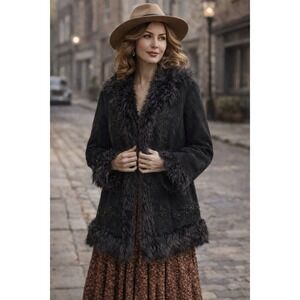 VTG Gallery Black Suede Fur Penny Lane Coat  Womens L Floral Embroidery Boho